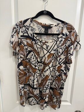 Lauren Ralph Lauren Brown Cream and Black Bird Print Short Sleeve Tee